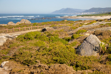 Walkway with fence along Atlantic Ocean coast with mountain on background. Portugal nature. Moss and grass on rocks at seaside. Wide beach with waves and path on Camino de Santiago. Scenic seascape.