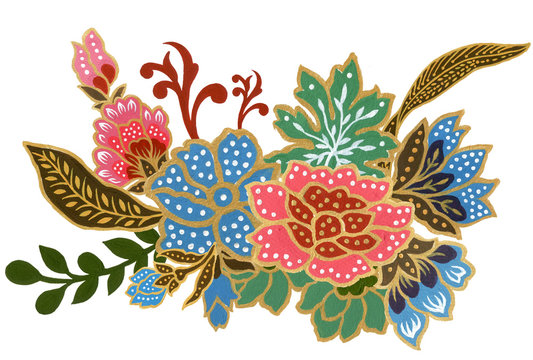 The beautiful of flower art gold and colorful Malaysian and Indonesian Batik Sarong bouquet watercolor Gouache Hand Painted on white background