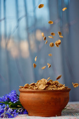 falling sugar cornflakes in a ceramic bowl close-up top view. light breakfast scattered on the table with blue flowers close-up against the window. food fast cooking. healthy food, diet. Vertical