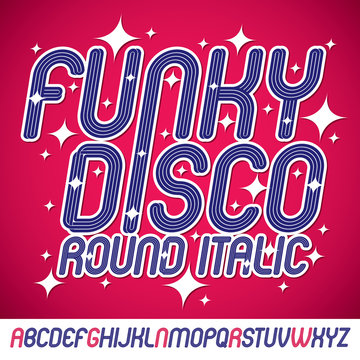 Vector art funky italic type font with parallel lines, can be used in retro poster design as karaoke party advertising.