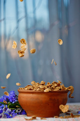 falling sugar cornflakes in a ceramic bowl close-up top view. light breakfast scattered on the table with blue flowers close-up against the window. food fast cooking. healthy food, diet. Vertical