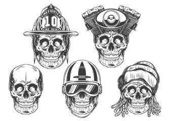 Set of skulls - firefighter, bikers, rasta and original. Vintage label, logotype, emblem. Vector illustration. Isolated on white background.