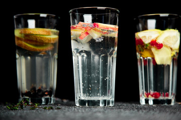 Variety of  Detox infused water. Diet. Healthy drink.