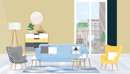Interior design living room with furniture, a large window and access to the balcony. Vector flat illustration.