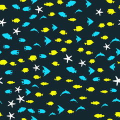 Underwater scene. Colorful fish groups in clean sea water. Seamless vector EPS 10 pattern.