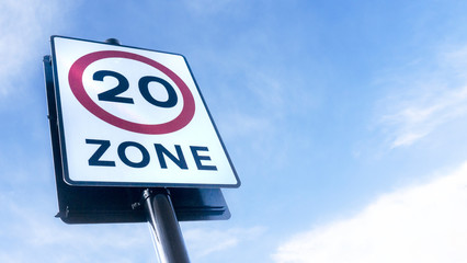 Traffic Road sign for 20mph (miles per hour) speed limit zone in the United Kingdom