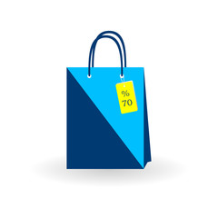 Shopping bag with tag of 70 percent in flat design. Vector graphic illustration.  