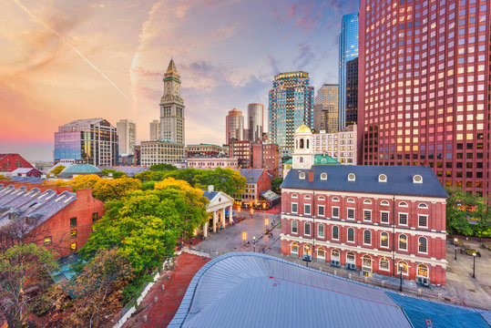 Boston, Massachusetts, USA downtown markets and cityscape