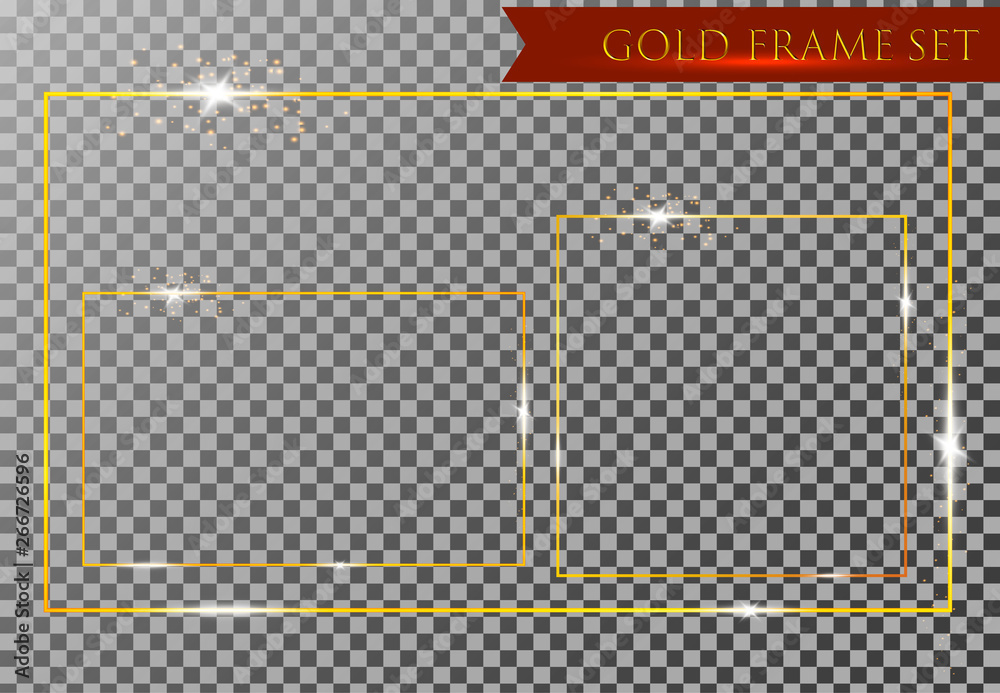 Poster Gold shiny glowing vintage frame with shadows isolated on transparent background. Golden luxury realistic rectangle border set. Vector