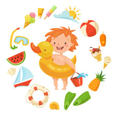 Cute baby vector character with summer elements.