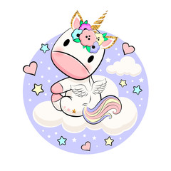 Obraz na płótnie Canvas Cute baby unicorn with hearts, stars and clouds