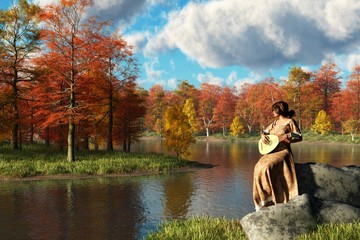A woman in a light brown, flowery dress sits on boulders on the banks at a bend in a river playing a lute. It's autumn and the trees are alive will bright fall colors. 3D Rendering - obrazy, fototapety, plakaty