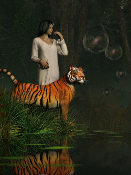 A woman in a nightgown stands next to a tiger in a dark jungle next to a pond.  Huge bubble float in the air around the unusual pair in this surreal image. 3D Rendering