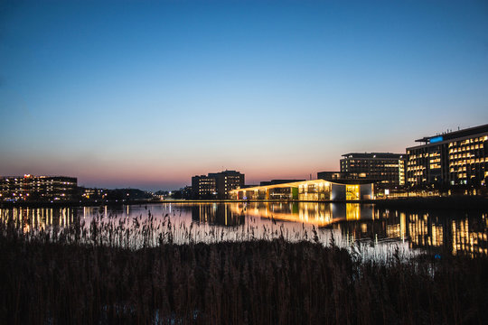 The Dutch technology business park High Tech Campus in Eindhoven by sunset