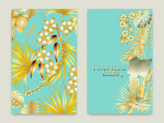 Vector tropical cover with golden leaves on greenish-blue background.
