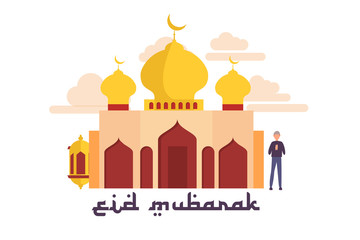 greeting eid mubarak. happy ramadan concept with tiny people character for web landing page template, banner, flyer and presentation. islamic eid fitr or adha flat design. vector illustration
