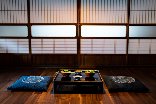 Traditional Japanese Machiya House Or Ryokan Restaurant With Black Lacquered Wood Table And Edamame Soybeans Food With Natto And Soy Sauce