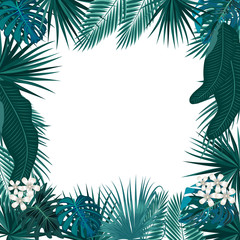 Fototapeta na wymiar Vector tropical jungle frame with palm trees and leaves on white background