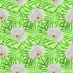 leaves palm trees with orchid seamless pattern green