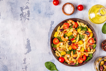 Fusili pasta salad with shrimps.