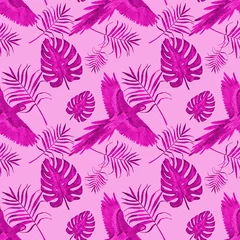 Deurstickers tropical pattern parrot leaves monstera and palm pink © Ирина Самойлова