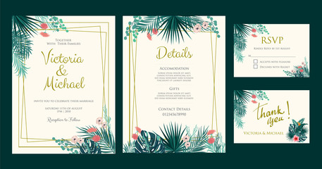 Vector illustration of a floral frame set with tropical leaves for anniversary, birthday, party, wedding invitation, floral invite thank you, rsvp card © Artlu