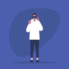 Young male character wearing a virtual reality headset. VR. AR. New technologies. Millennial gadgets and lifestyle / flat editable vector illustration