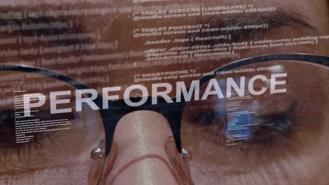 Performance text on the background of female software developer. Eyes of woman with glasses are looking at programming network code space abstract technologies connecting global data network