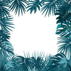 Fototapeta na wymiar Vector tropical jungle frame with palm trees and leaves on white background
