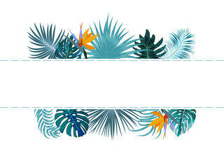 Vector tropical jungle frame with palm trees and leaves on white background