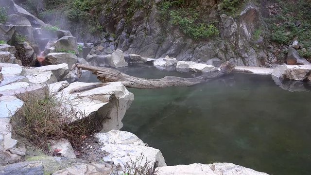 Hot pool in the Jigokudani Monkey Park by autumn.  Yamanouchi, Nagano Prefecture, Japan