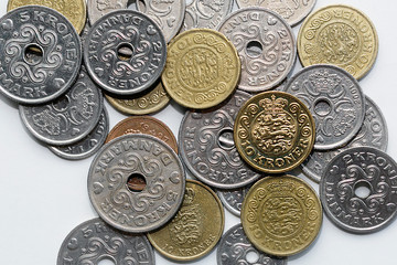 Selection of mixed Danish Kroner coins from directly above - The Krone is the official currency of Denmark. 