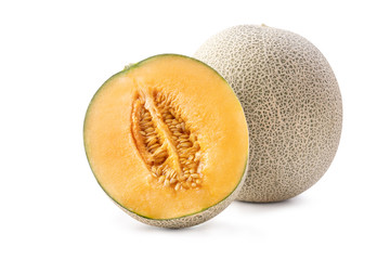 Beautiful tasty sliced juicy cantaloupe melon, muskmelon, rock melon isolated on white background, close up, clipping path, cut out.