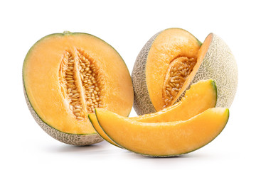 Beautiful tasty sliced juicy cantaloupe melon, muskmelon, rock melon isolated on white background, close up, clipping path, cut out.