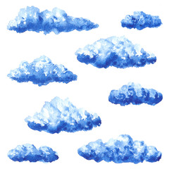 Set of  watercolor clouds on the white background. Hand drawing. Template for weather illustrations. Elements for  scrapbooking and wrapping paper.
