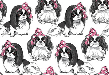 Seamless pattern with a Japanese Chin dog in a pink polka dot Headband. Vector illustration.
