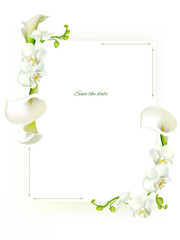 Flowers. Floral background. Callas. White orchids. Green leaves. - obrazy, fototapety, plakaty