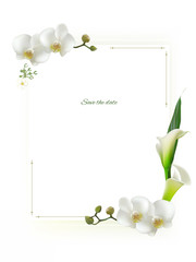 Flowers. Floral background. Callas. White orchids. Green leaves.