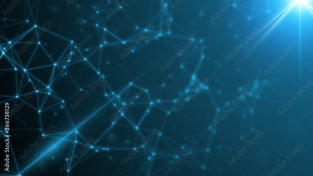 Poster 3d rendering of abstract polygonal space low poly network nodes with connected dots and lines on dar