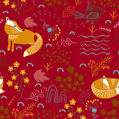Summer forest seamless pattern background with a fox