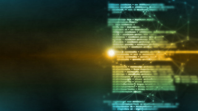 3D Rendering of Digital abstract technology. Programming script binary coding snippet on glowing software background. For deep machine learning, crypto currency, Big data visualization.