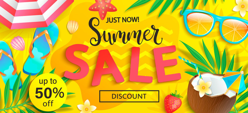 Summer sale, just now discount banner. Promote up to 50 per cent price off. Invitation for new mid and end of season offers. Template for your design in shops, stores, retails. Vector illustration.