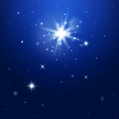 Naklejka na ściany i meble Star burst with sparkles. Light effect. Blue background. glitter texture