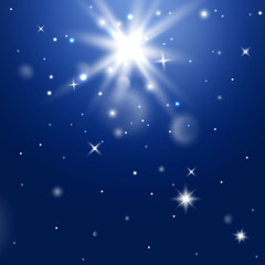 Star burst with sparkles. Light effect. Blue background. glitter texture