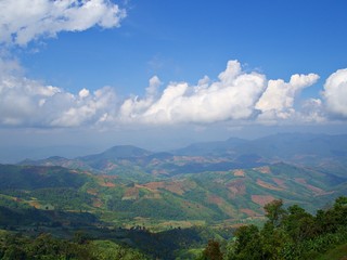 The mountain landscape from the hill top of Nan, Thailand with bluesky with cloud