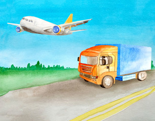 Fototapeta na wymiar Watercolor orange truck carries cargo on an asphalt road against the background of the daytime summer landscape for logistics