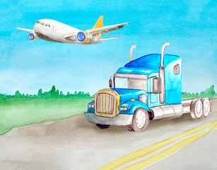 Watercolor blue american semi truck tractor without a container rides on an asphalt road against the backdrop of the landscape for logistics or business cards or website design