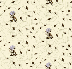 Textile pattern, leaves and flowers of white chrysanthemum on the background of a light grid of ink blots.
