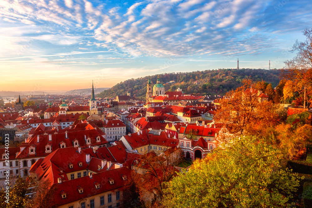 Wall mural amazing sunrise over prague old city, scenic top view of the historic medieval architecture from pop