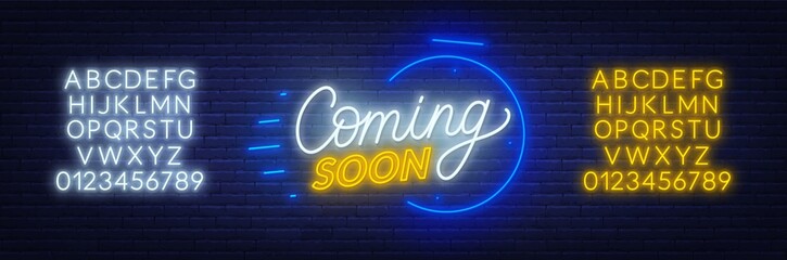 Coming soon neon sign on brick wall background. Template for design. Neon alphabet .Vector illustration.